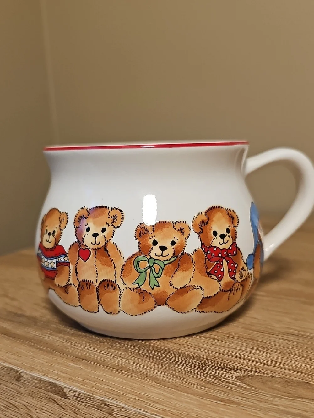 Vintage Enesco Lucy & Me White Ceramic Mug with Cute Bear Row and Red Rim